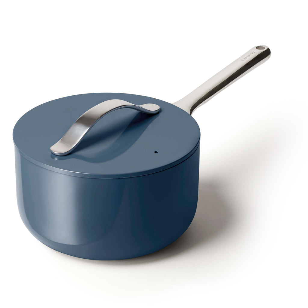 Caraway Nonstick Ceramic Sauce Pan with Lid (3 qt) - Non Toxic, PTFE & PFOA Free - Oven Safe & Compatible with All Stovetops (Gas, Electric & Induction) - Cream
