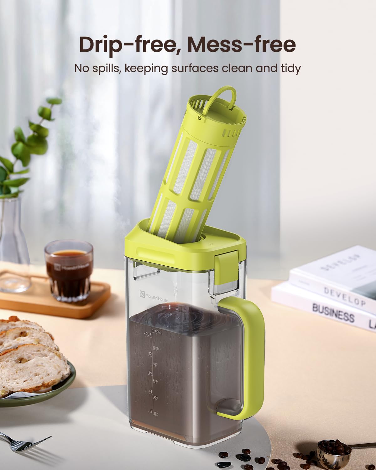 Maestri House Compact Cold Brew Coffee Maker, 40oz Iced Tea and Coffee Maker Brewer Space Saving Tritan Pitcher, 350 Mesh Filter, 100% Leak-Proof