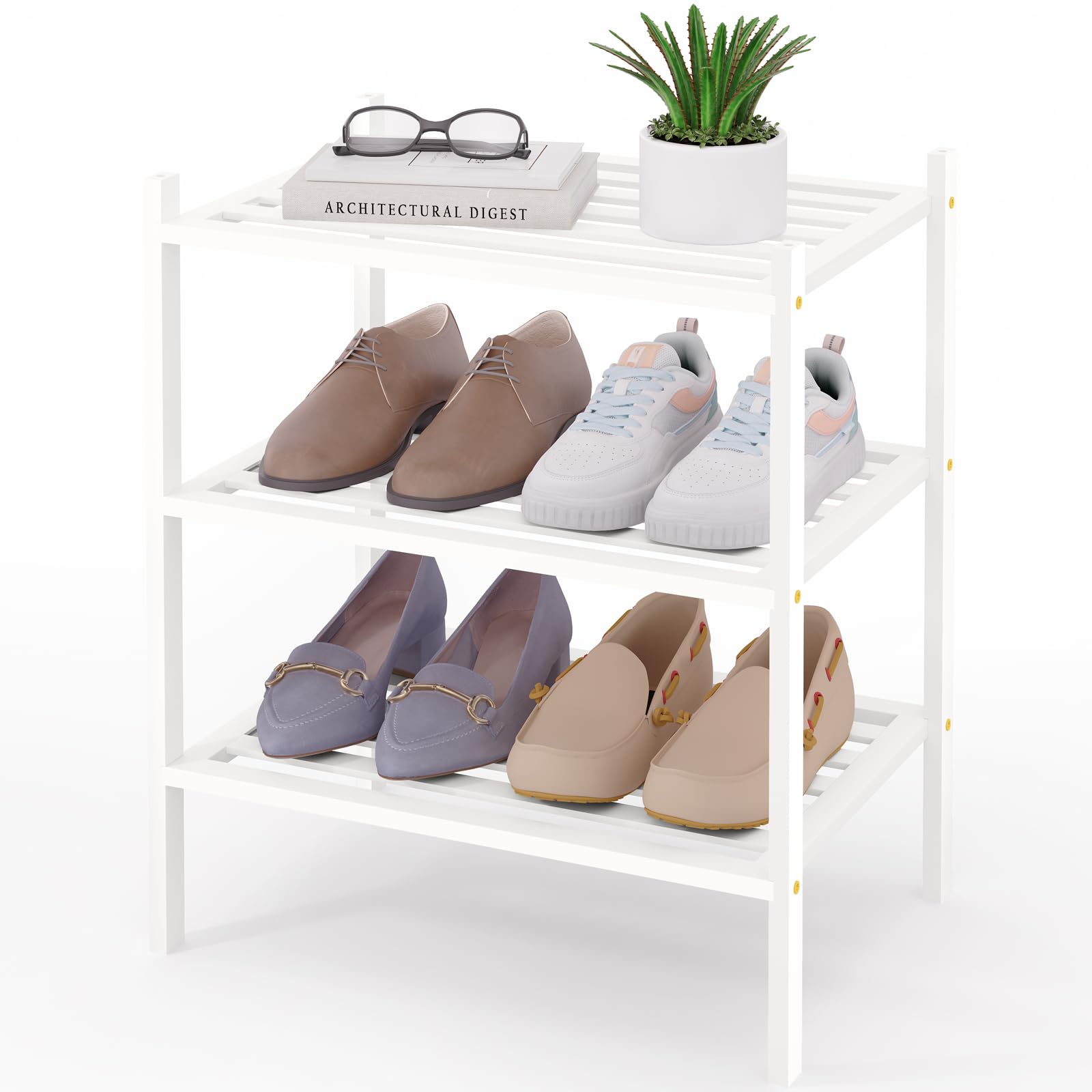 Smiry Bamboo Shoe Rack 3-Tier, Stackable Wooden Shoe Organizer for Entryway & Closet, Free Standing Wood Shoe Storage Shelf for Front Door & Small Spaces, Natural