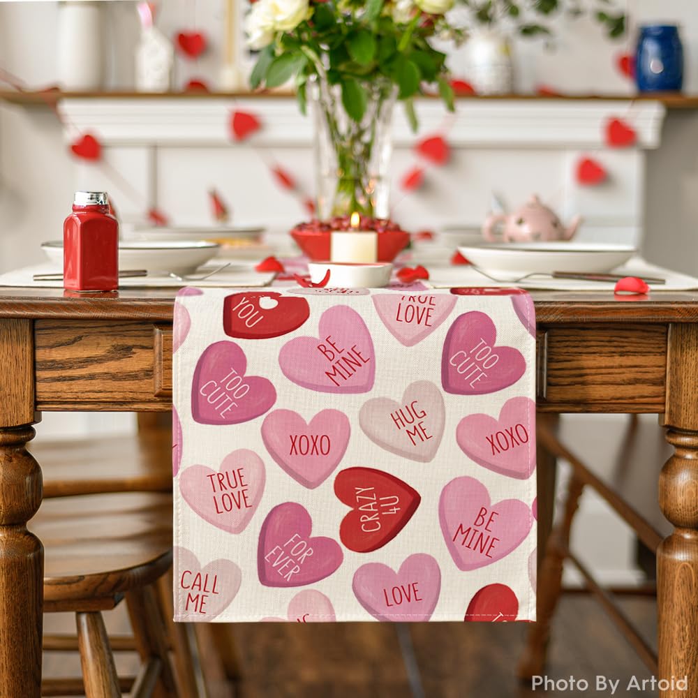 Artoid Mode Ture Love Heart Valentine's Day Table Runner, Seasonal Kitchen Dining Table Decoration for Home Party Decor 13x72 Inch