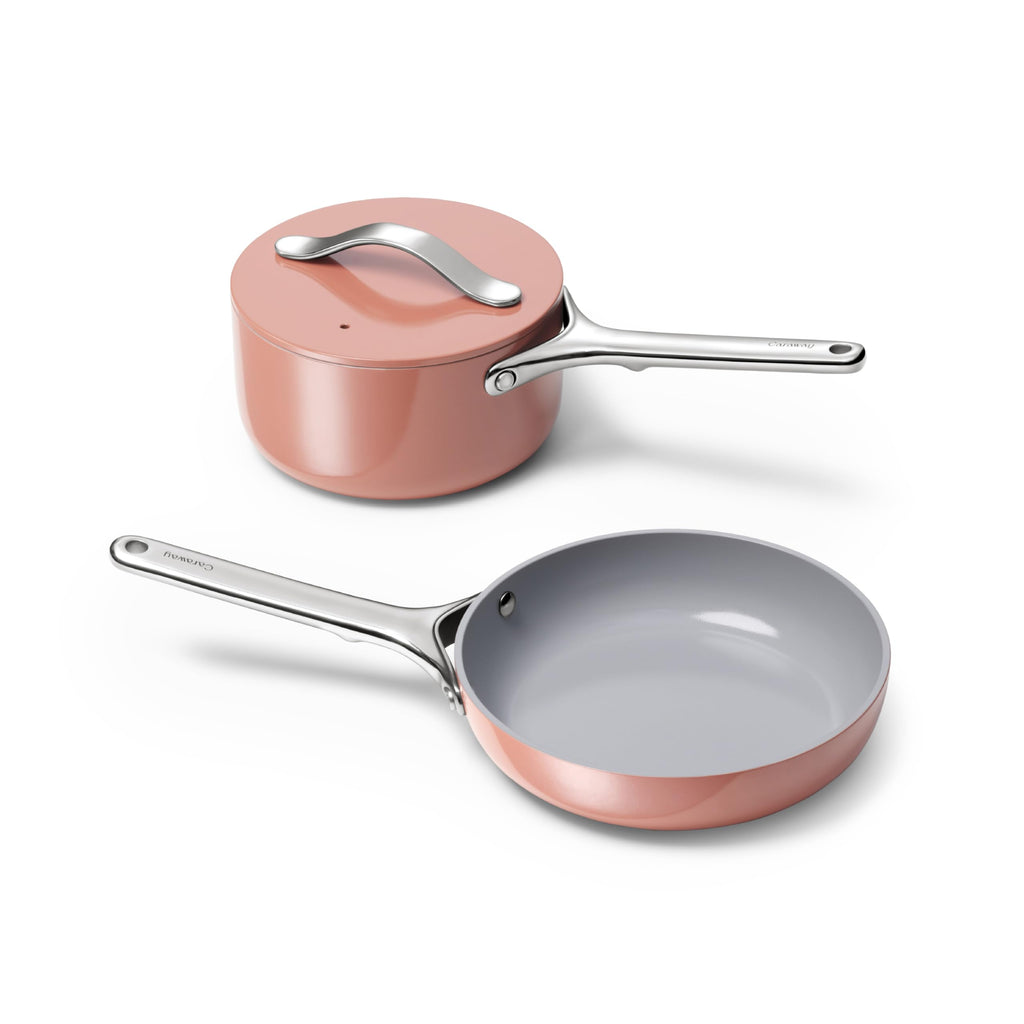 Caraway Mini Cookware Set - Non-Stick Ceramic Fry Pan (1.05 qt, 8") Sauce Pan (1.75 qt) & Storage Rack - Non Toxic, PTFE & PFOA Free - Oven Safe & Stovetop Agnostic (Gas, Electric & Induction) - Cream