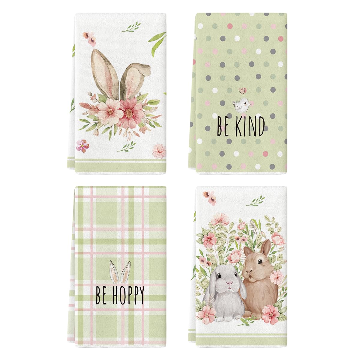 Artoid Mode Pink Bunny Rabbit Ears Floral Leaves Easter Kitchen Towels Dish Towels, 18x26 Inch Be Kind Seasonal Decoration Hand Towels Set of 4