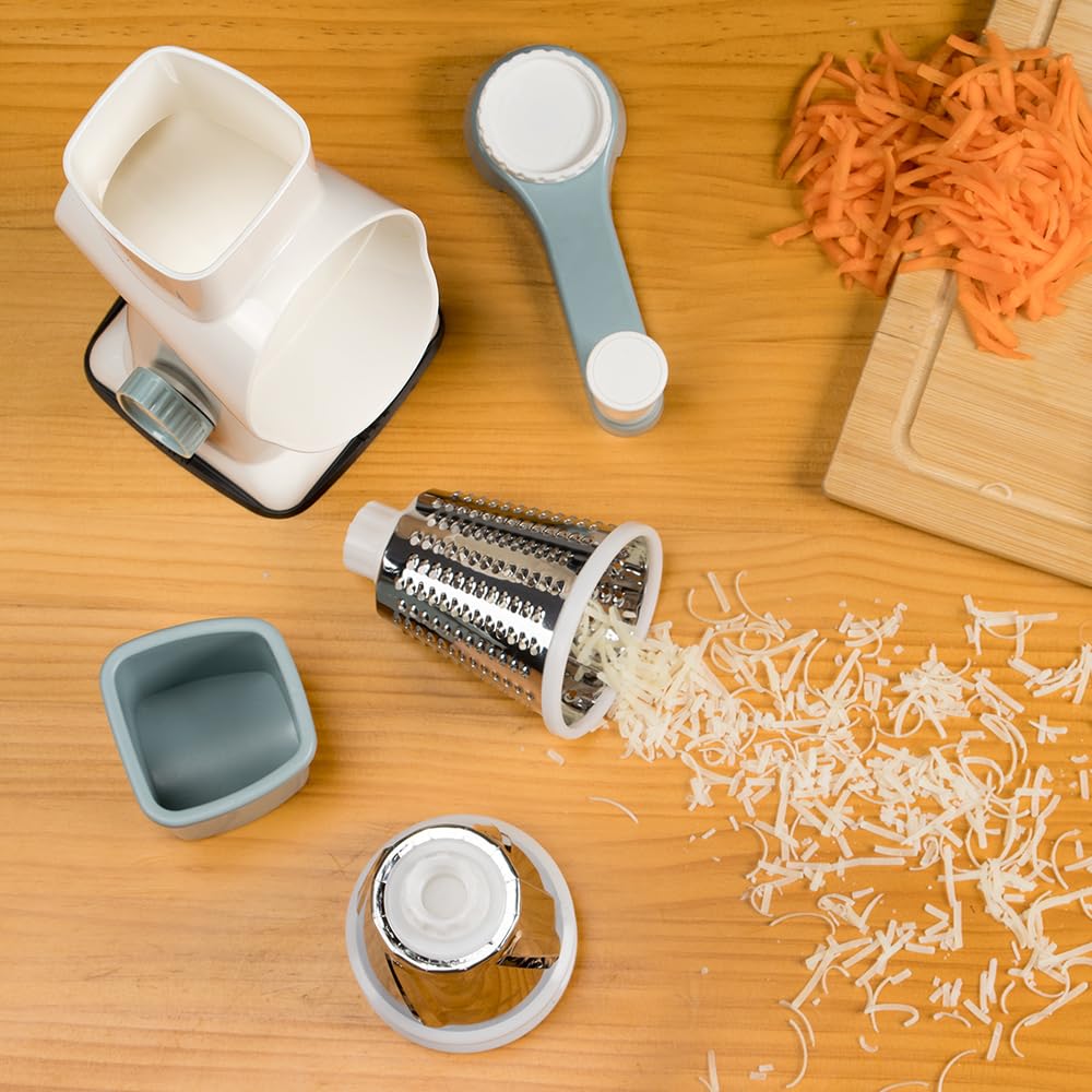 KEOUKE Rotary Cheese Grater Hand Crank Transparent - Shredder Slicer Grinder 3 Stainless Steel Blades, Stable Suction, Labor-Saving Handle, Safe Kitchen Tool for Cheese, Vegetable, Nuts, Chocolate