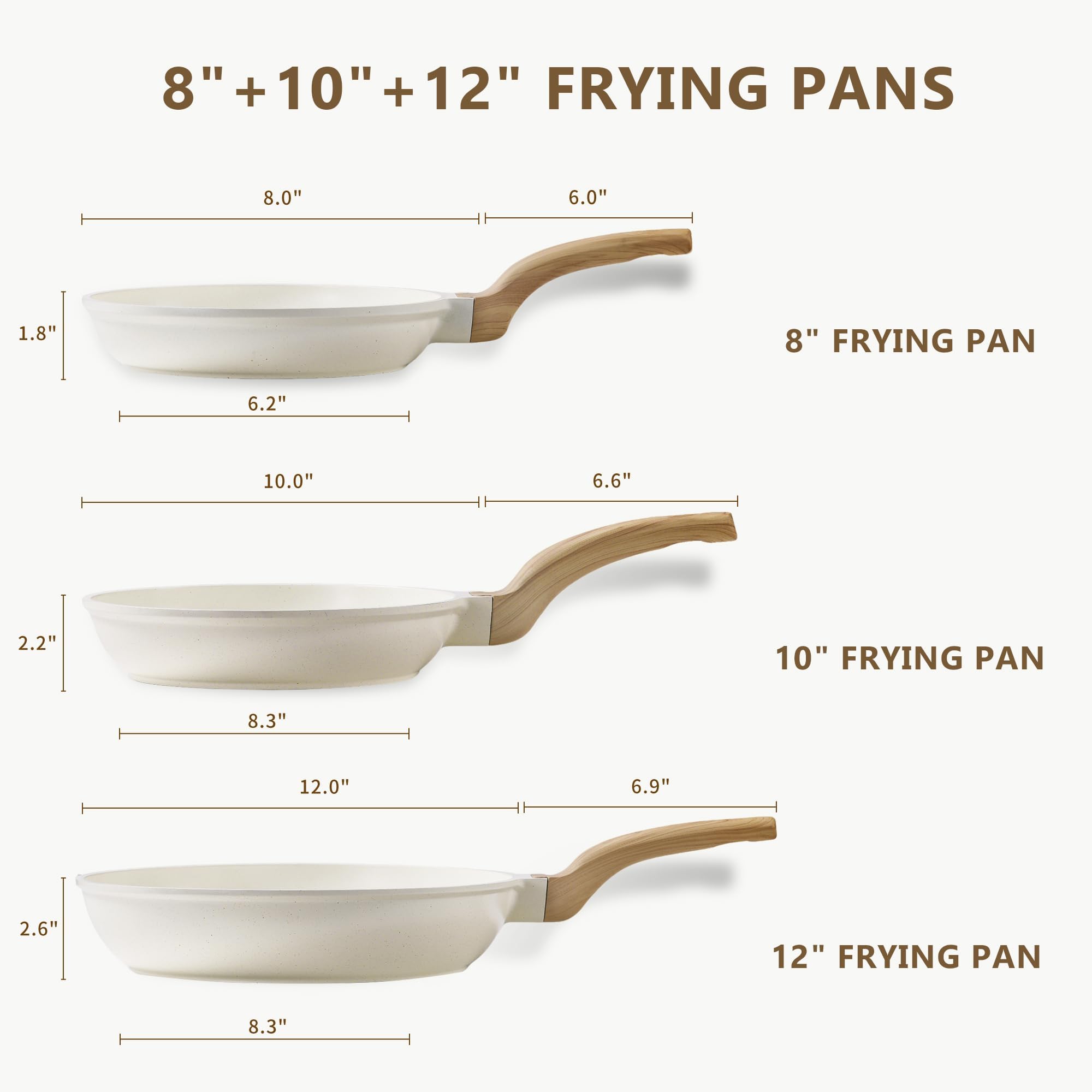 CAROTE Non Stick Frying Pan Skillet Set, Omelet Pan, Healthy Non Toxic Granite Chef Pan, Induction Compatible Egg Frying Pan with Heat-Resistant Handle, PFOA-Free,Black, 8"+10"+12"