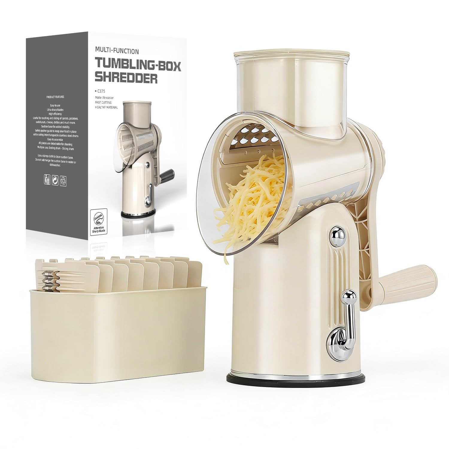KEOUKE Rotary Cheese Grater 5 in 1 White - Hand Crank Vegetable Cutter, Shredder, Slicer, Enlarge Input, Suction Base, Labor-Saving Handle, Blade Storage Box, for Onion, Potato, Vegetable, Nuts, etc