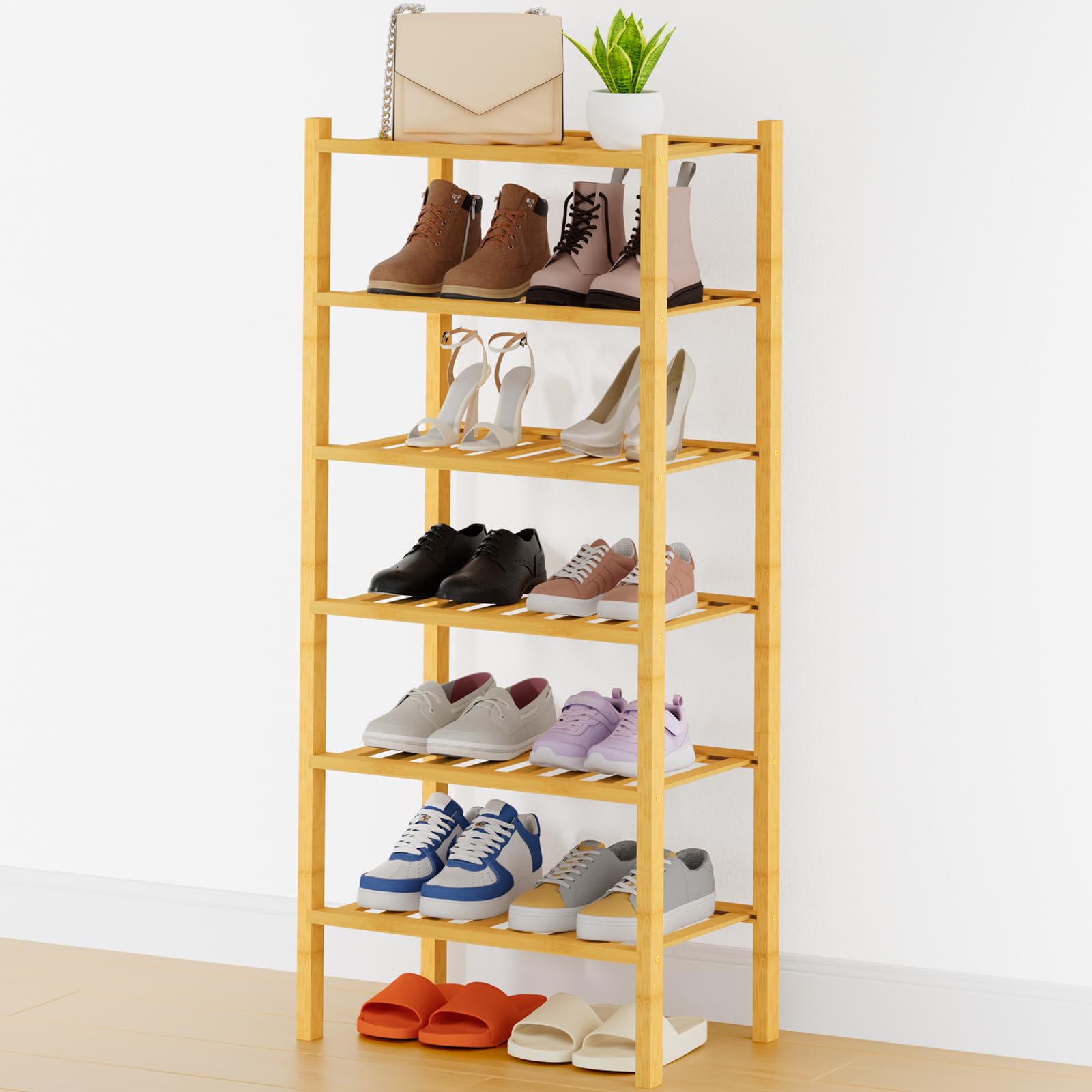 Smiry Shoe Rack, 3 Tier Bamboo Shoe Organizer, Stackable Free Standing Wooden Shoe Storage Shelf for Closet, Entryway, Front Door Entrance, Natural