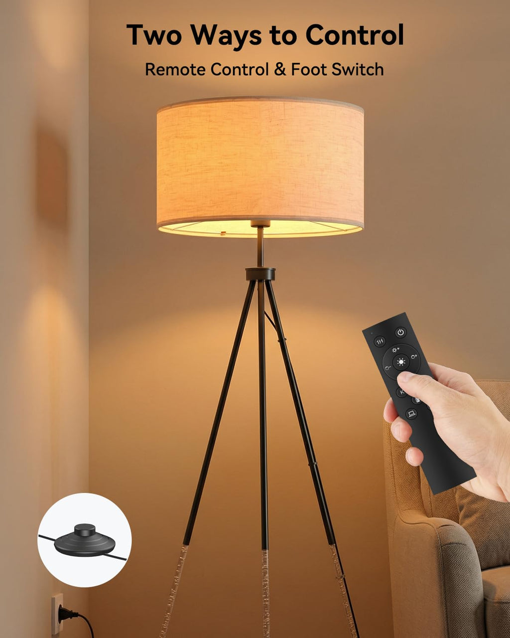 JOOFO Tripod Floor Lamp with Fabric Shade, Crystal-Style Acrylic & Metal Pole Design, Stepless Dimmable Standing Floor Lamp with Remote Control, Mid-Century Style for Living Room Bedroom,Satin Nickel