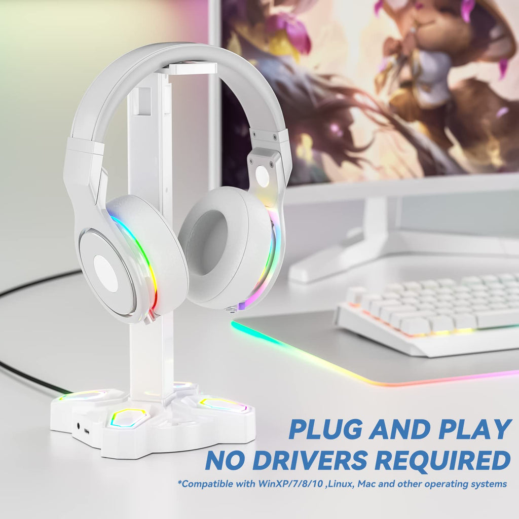 KDD Gaming Headphones Stand, Rotatable Headset Stand with Light Modes - Controller Holder with 2 USB Charging Ports and 3.5mm - Earphone Hanger Accessories for Desktop Gamer(Black)