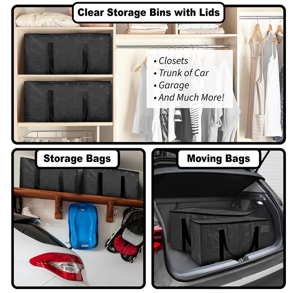 ClearSpace Heavy Duty Moving Bags or Storage Bags – Black Storage Bins with Lids, Large Moving Boxes with Backpack Straps & Zippers,– Packing Box & Moving Supplies for College Dorm, 6 Pack