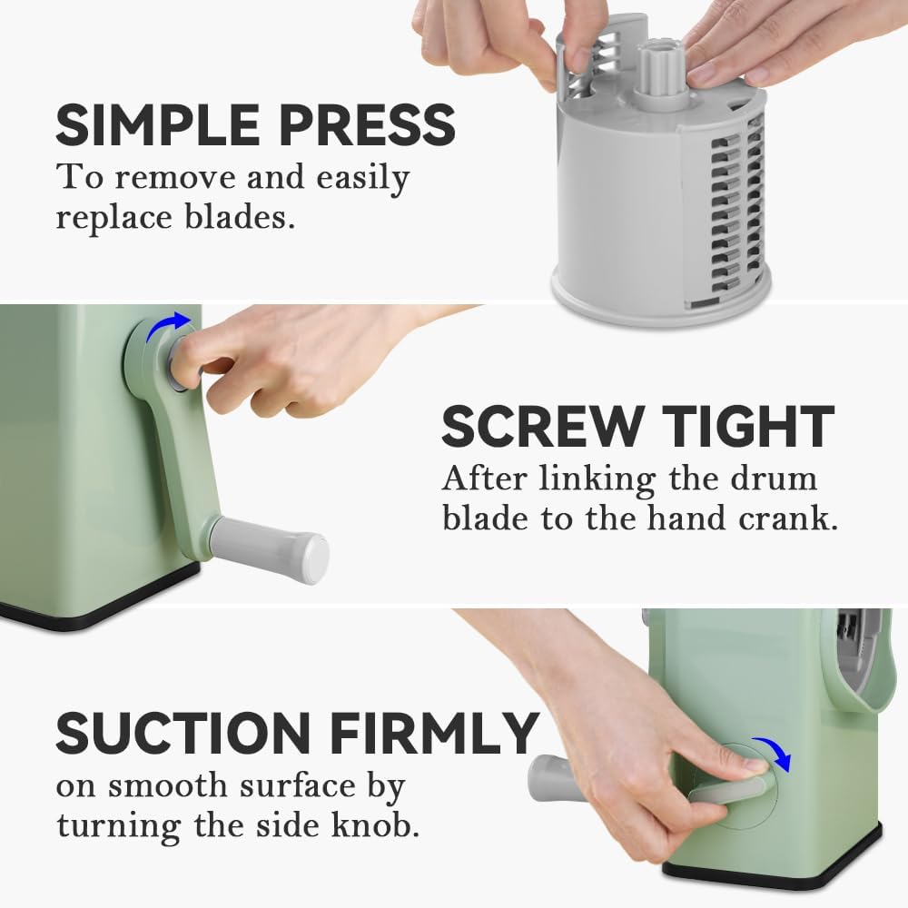 KEOUKE Rotary Cheese Grater 5 in 1 Green - Hand Crank Vegetable Cutter, Shredder, Slicer, Enlarge Input, Suction Base, Labor-Saving Handle, Blade Storage Box, for Onion, Potato, Vegetable, Nuts, etc