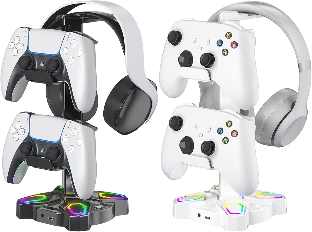 KDD Gaming RGB Headphones Stand, Rotatable Headset Stand with 9 Light Modes - Controller Holder with 2 USB Charging Ports and 3.5mm - Earphone Hanger Accessories for Desktop Gamer