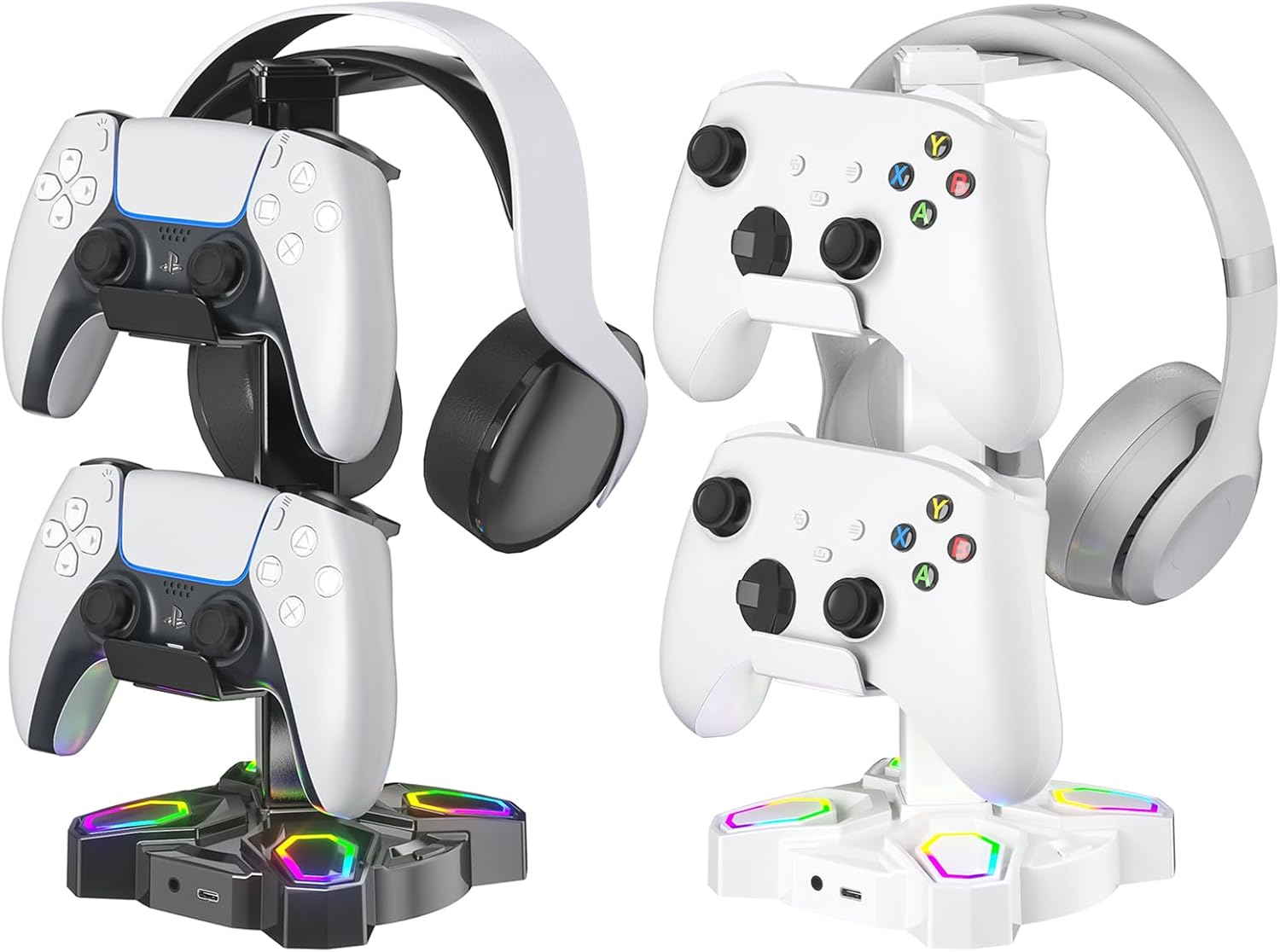 KDD Gaming RGB Headphones Stand, Rotatable Headset Stand with 9 Light Modes - Controller Holder with 2 USB Charging Ports and 3.5mm - Earphone Hanger Accessories for Desktop Gamer