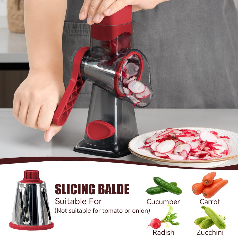 KEOUKE Rotary Cheese Grater Hand Crank Transparent - Shredder Slicer Grinder 3 Stainless Steel Blades, Stable Suction, Labor-Saving Handle, Safe Kitchen Tool for Cheese, Vegetable, Nuts, Chocolate