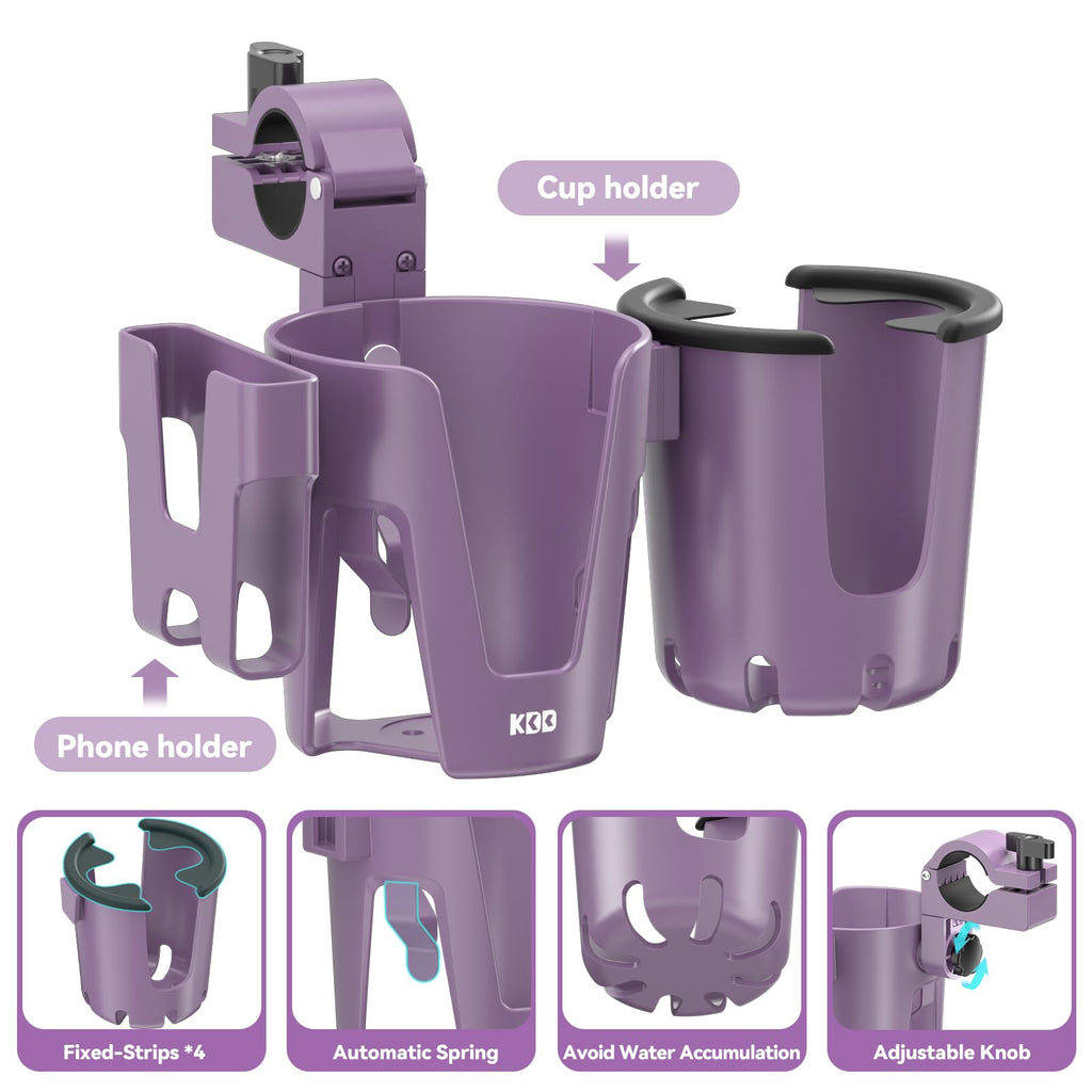 KDD Stroller Cup Holder with Phone Holder, 3-in-1 Removable Bottle Holder, 360 Degrees Rotation Drink Holder for Wheelchair, Stroller, Bike, Walker, Scooter, Bicycle, Uppababy, Bugaboo, Britax