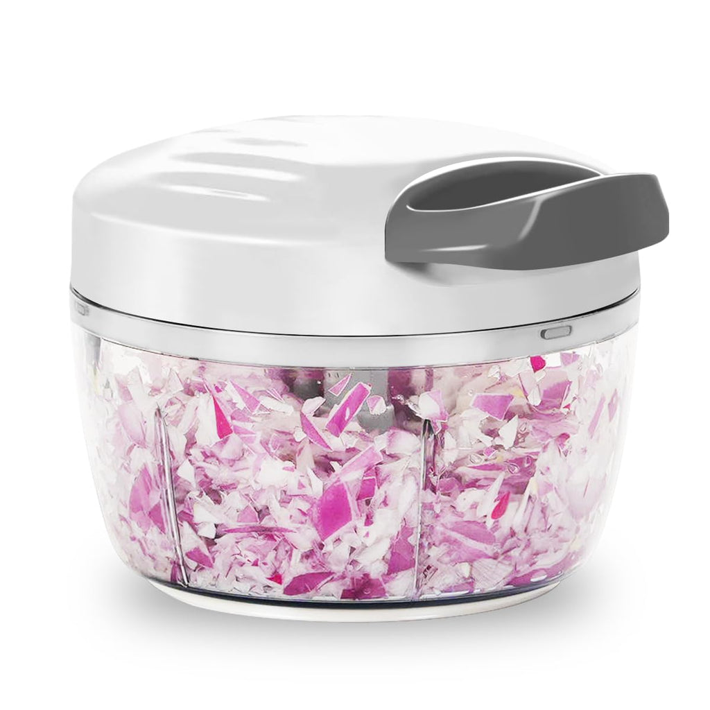 Manual Food Processor & Vegetable Chopper White - 2.3 Cup Mini Hand-Pull Cord Kitchen Chopper for Onion, Garlic, Vegetables with 3 Stainless Steel Blades