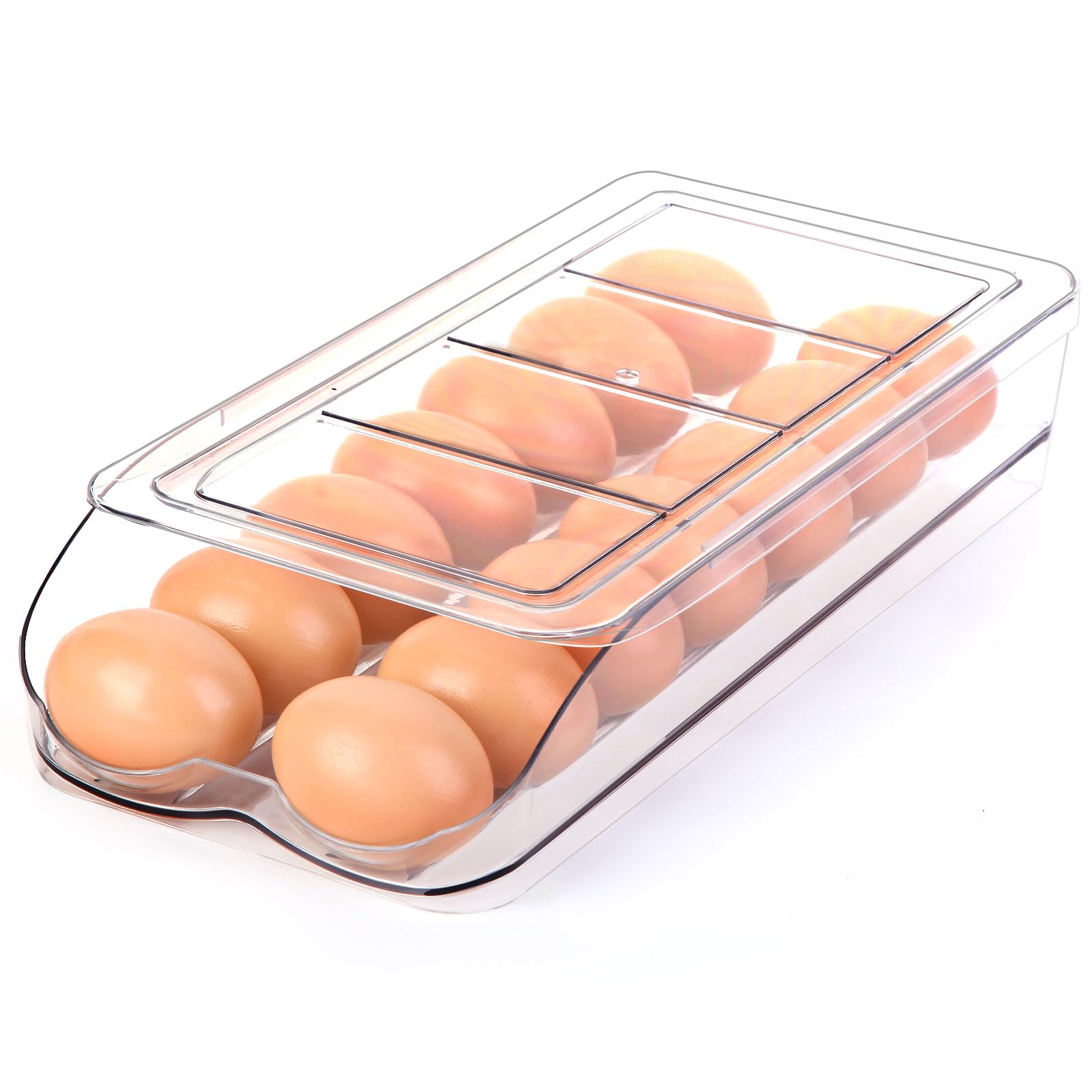 Egg Holder for Fridge, Automatic Rolling Egg Container for Refrigerator, Stackable Fridge Organizers and Storage with Lid, Clear Plastic Egg Dispenser & Tray (2 Tier)