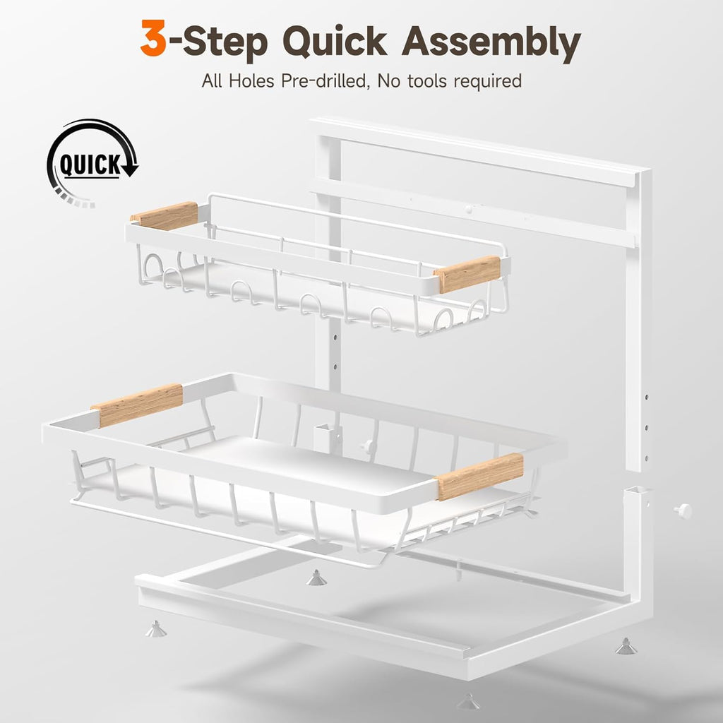 2 Packs Under Sink Organizer, Height Adjustable 2 Tier Under Kitchen sink organizer, Multi-Purpose Storage Shelf for Kitchen Bathroom Cabinet (White, Large)