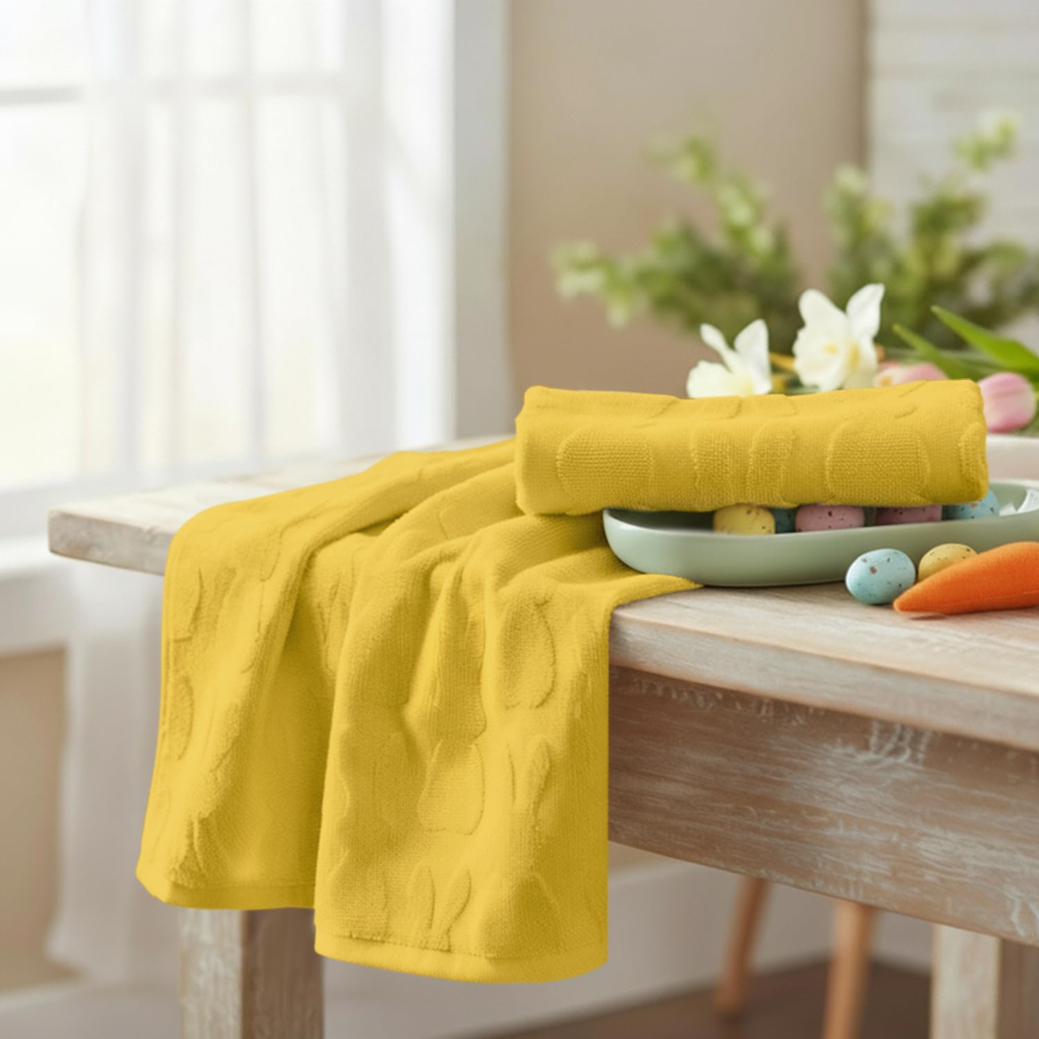 Artoid Mode 2 Pcs Beige 3D Rabbit Jacquard Easter Hand Towels for Bathroom, 100% Cotton Soft Absorbent Bathroom Decor Towels, 13.7 x 29.5 Inch