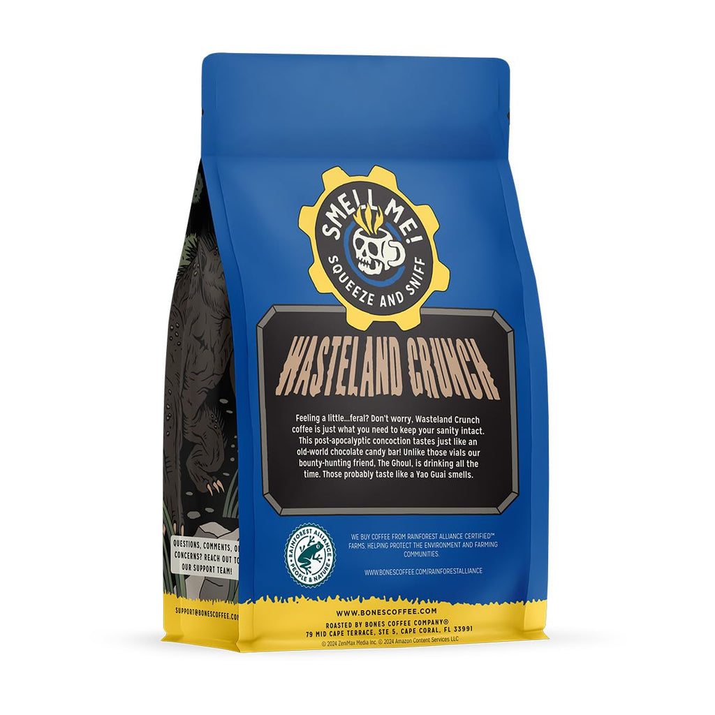 Bones Coffee Company Fallout Rocky Route 66, Rocky Road Flavored Coffee, Medium Roast Low Acid Arabica Beans Compatible with Auto drip and French Press Coffee Maker, 12 Oz Ground