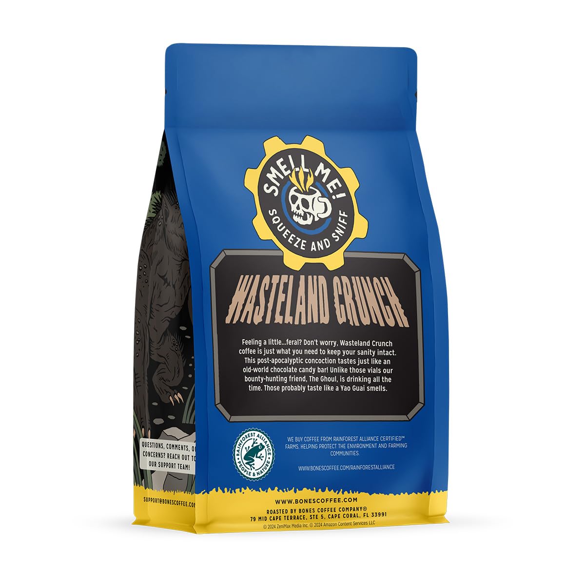 Bones Coffee Company Fallout Rocky Route 66, Rocky Road Flavored Coffee, Medium Roast Low Acid Arabica Beans Compatible with Auto drip and French Press Coffee Maker, 12 Oz Ground