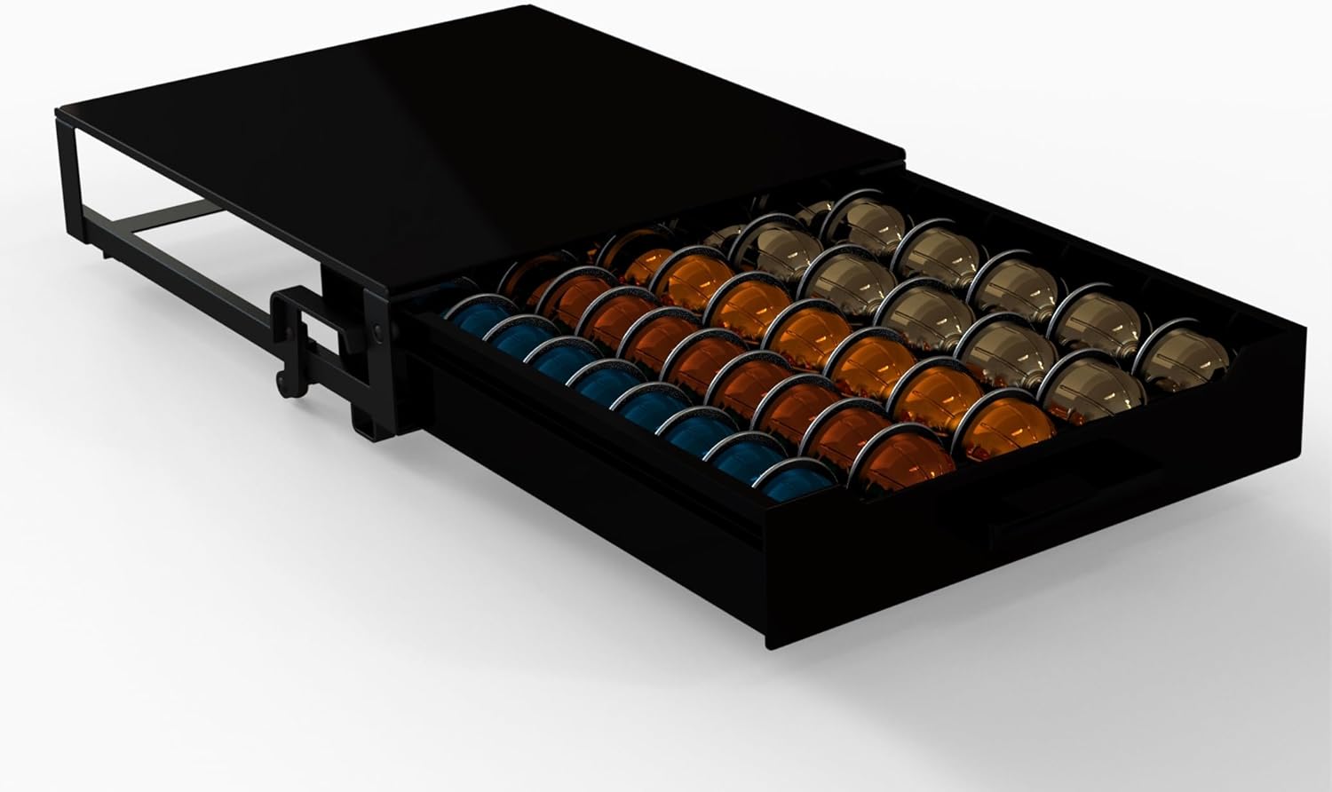 Heavy Duty Crystal Acrylic Sleek Coffee Pods Holder with Beautiful Piano Black Solid Acrylic Drawer, Compatible for All Nespresso VertuoLine Pods, Great Capacity of 60 Small or 40 Big Vertuoline Pods
