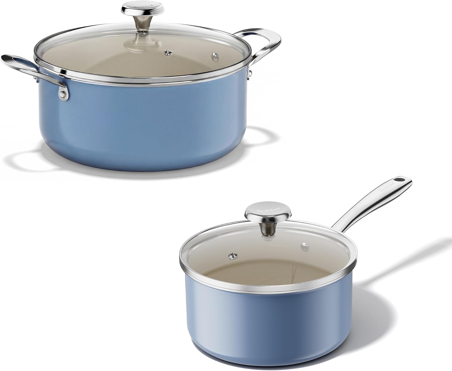 Redchef 5 QT Ceramic Stock Pot with Lid, 2.5QT Small Saucepan, Stay-Cool Handles, Compatible All Stovetops, PFAS PFOA & PTFE Free (Blue)