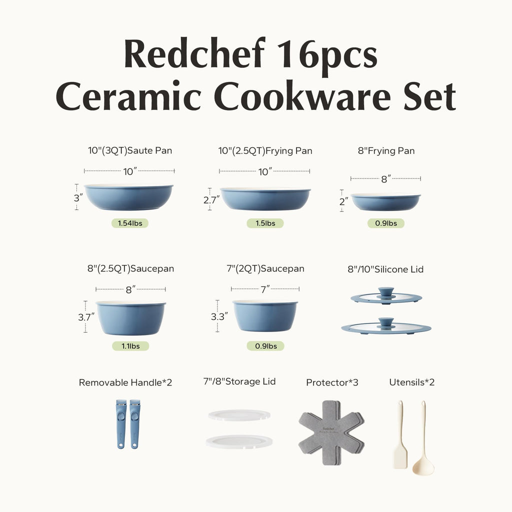 Redchef Ceramic Pots and Pans Set, Nonstick Kitchen Cookware Set with Detachable Handle, Non Toxic Cookware Set 16pcs, PFAS PFOA & PTFE Free, RV Ceramic Cookware for Camping, Dishwasher/Oven Safe