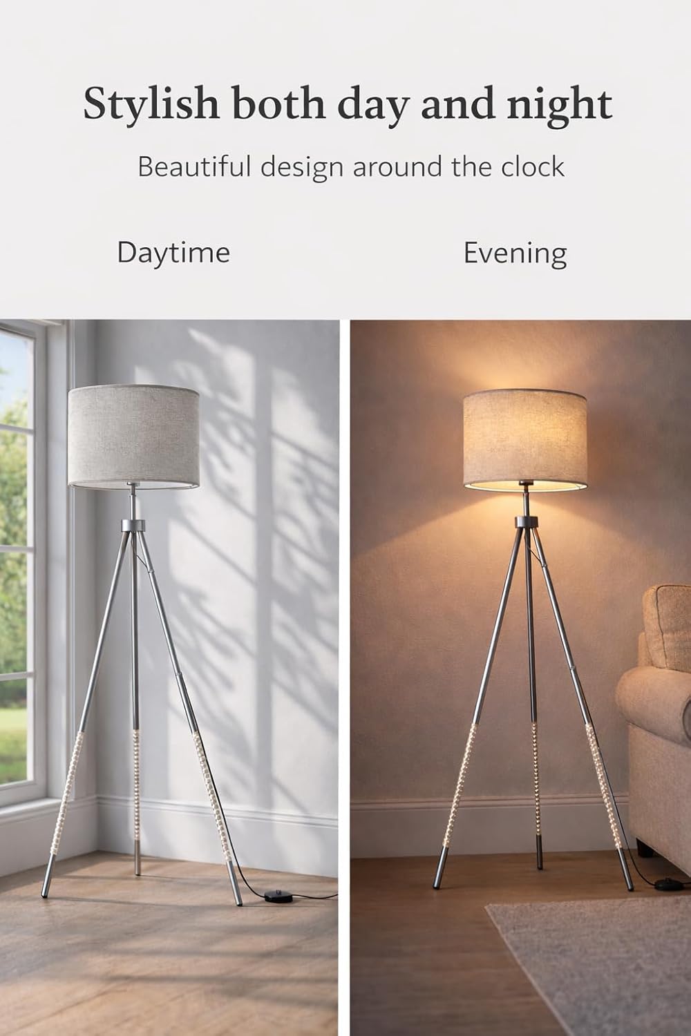 JOOFO Modern Metal Tripod Floor Lamp with Remote, Dimmable Tall Standing Corner Lamp with Oversized Linen Shade & Foot Switch for Living Room, Bedroom