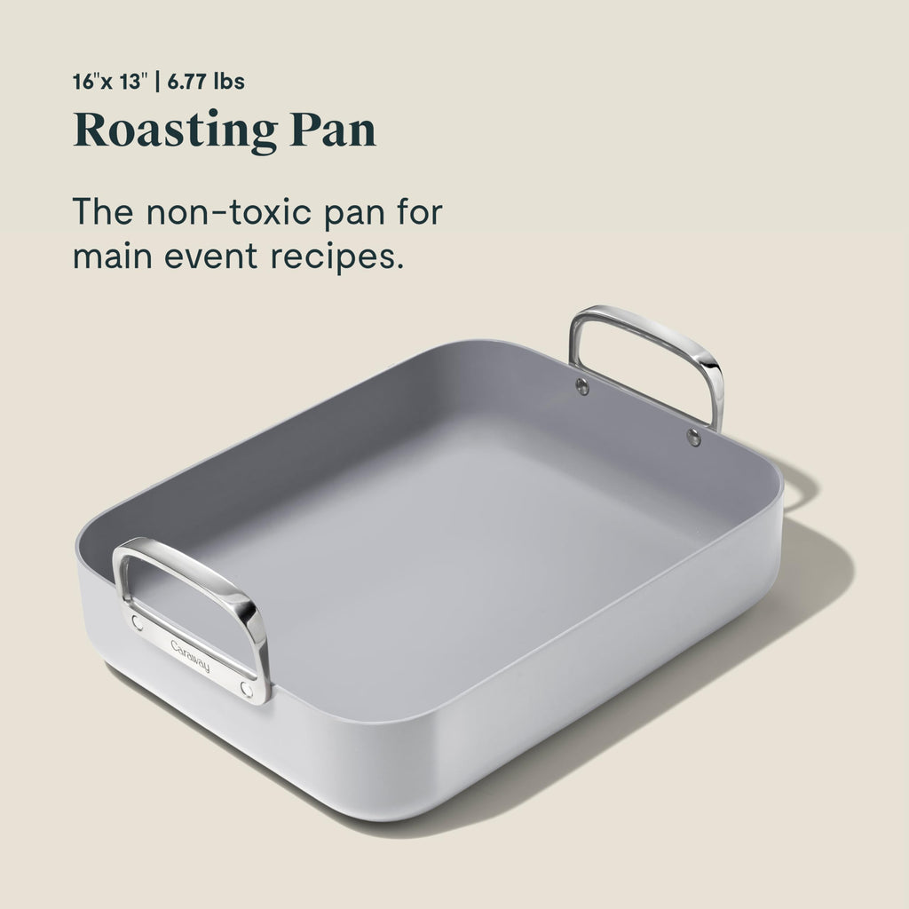 Caraway Roasting Pan - 16x13” Roasting Pan with Rack - Non-Stick Ceramic Coated - Non Toxic, PTFE & PFOA Free - Oven Safe & Compatible with All Stovetops - Cream