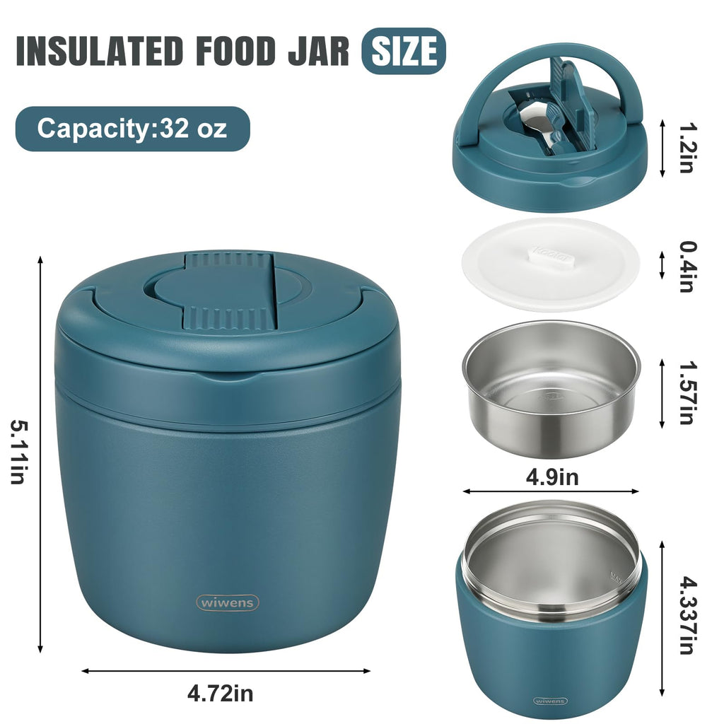 Thermo Food Jar for Hot Food Adults 32OZ Soup Thermo Lunch Containers Wide Mouth Vacuum Insulated Stainless Steel Leakproof Bento Box with Spoon (Black)
