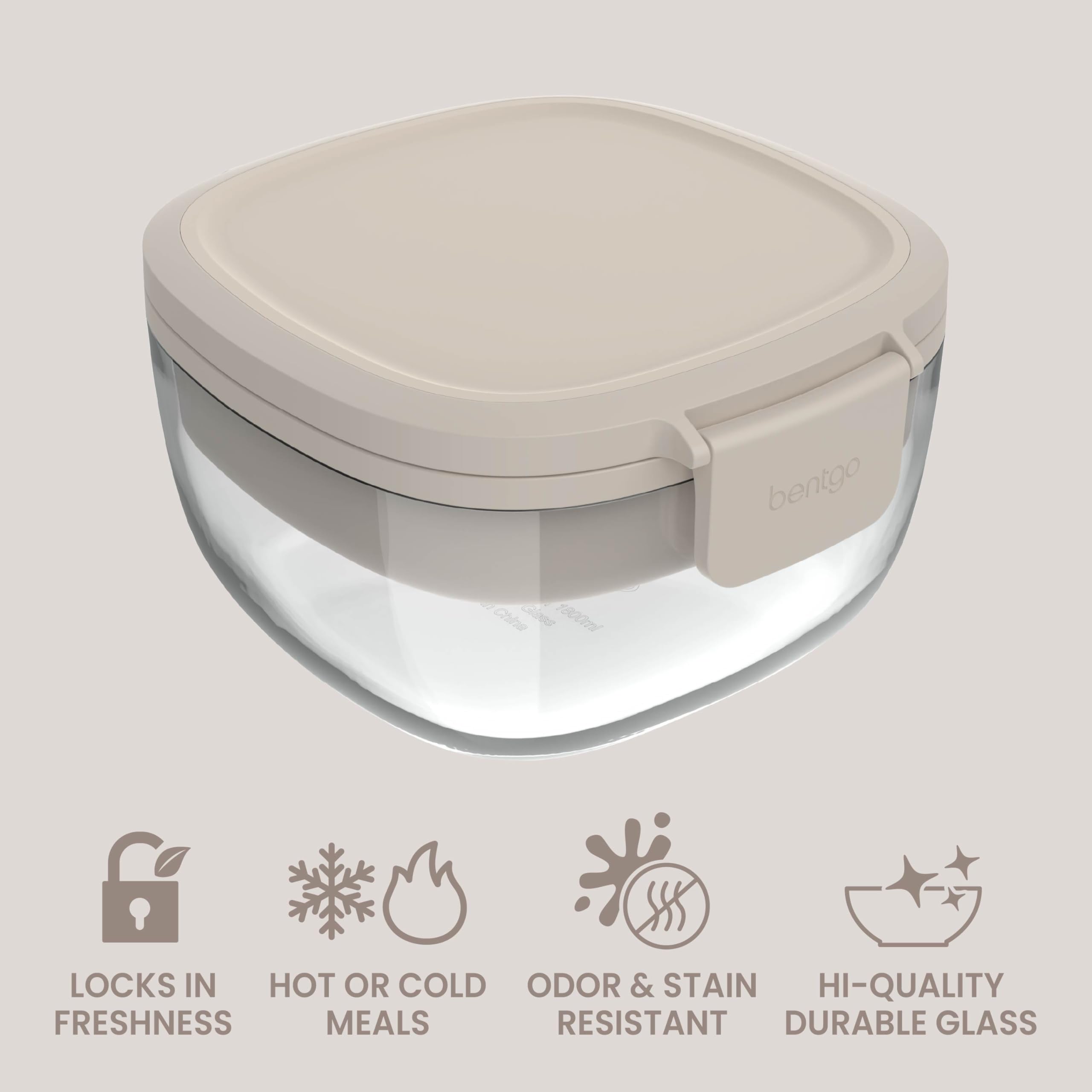 Bentgo Glass Salad Container - 7.6-Cup Salad Bowl with Airtight Lid, Leak-Proof Sauce Container, 4-Compartment Bento Tray & Reusable Fork - BPA-Free for Meal Prep, Office & More (Lavender)