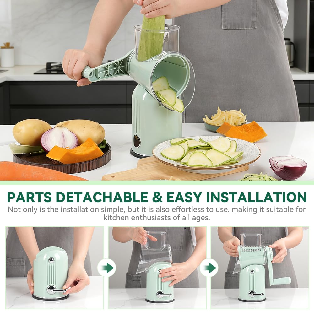 KEOUKE Rotary Cheese Grater 5 in 1 White - Hand Crank Vegetable Cutter, Shredder, Slicer, Enlarge Input, Suction Base, Labor-Saving Handle, Blade Storage Box, for Onion, Potato, Vegetable, Nuts, etc