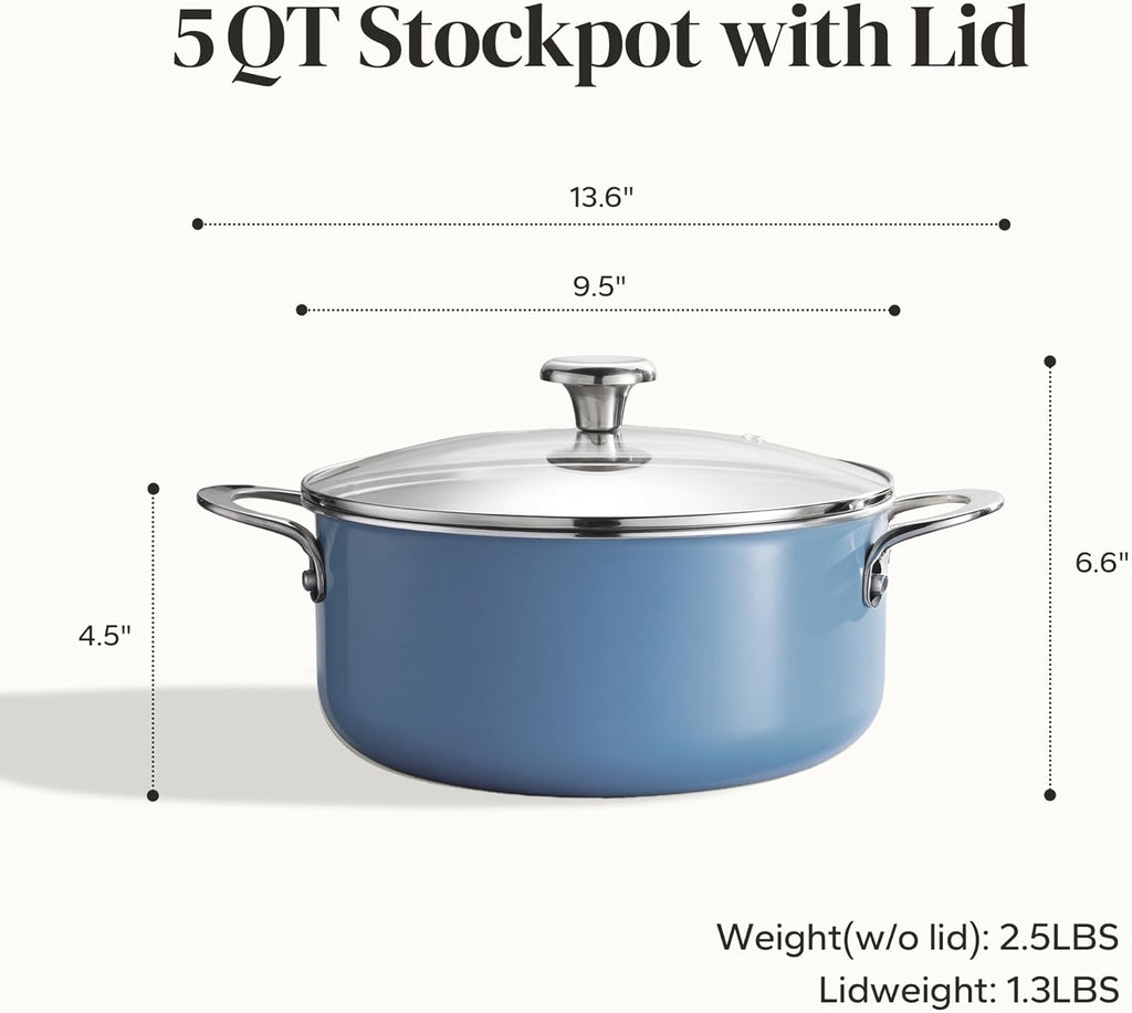 Redchef 5 QT Ceramic Stock Pot with Lid, 3.5QT Small Saucepan, Stay-Cool Handles, Compatible All Stovetops, PFAS PFOA & PTFE Free (Blue)