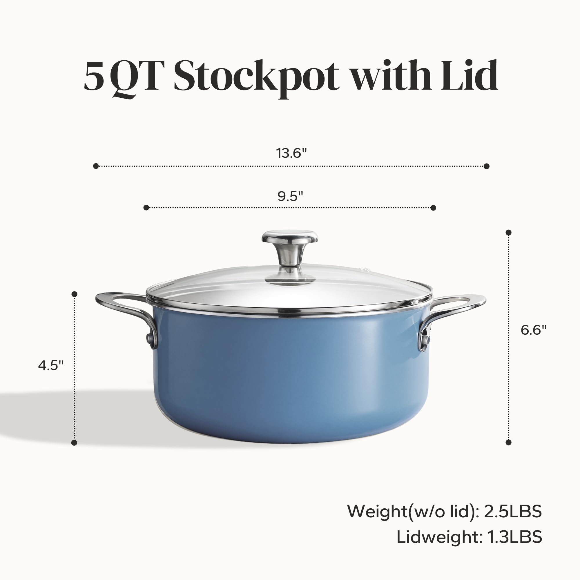 Redchef Ceramic Stock Pot with Lid, Soup Pot for All Stoves, 5 Qt Induction Cooking Pot for Soup Nonstick, Even Heating, Stay-Cool Handles, Oven/Dishwasher Safe, PTFE PFAS Free (Beige)