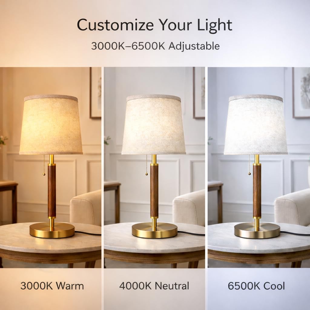 JOOFO LED Table Lamp with Pull Chain, Bedside Lamp with 3 Color Temperatures, Modern Wood Pole Table Lamp for Bedroom, Living Room, Office