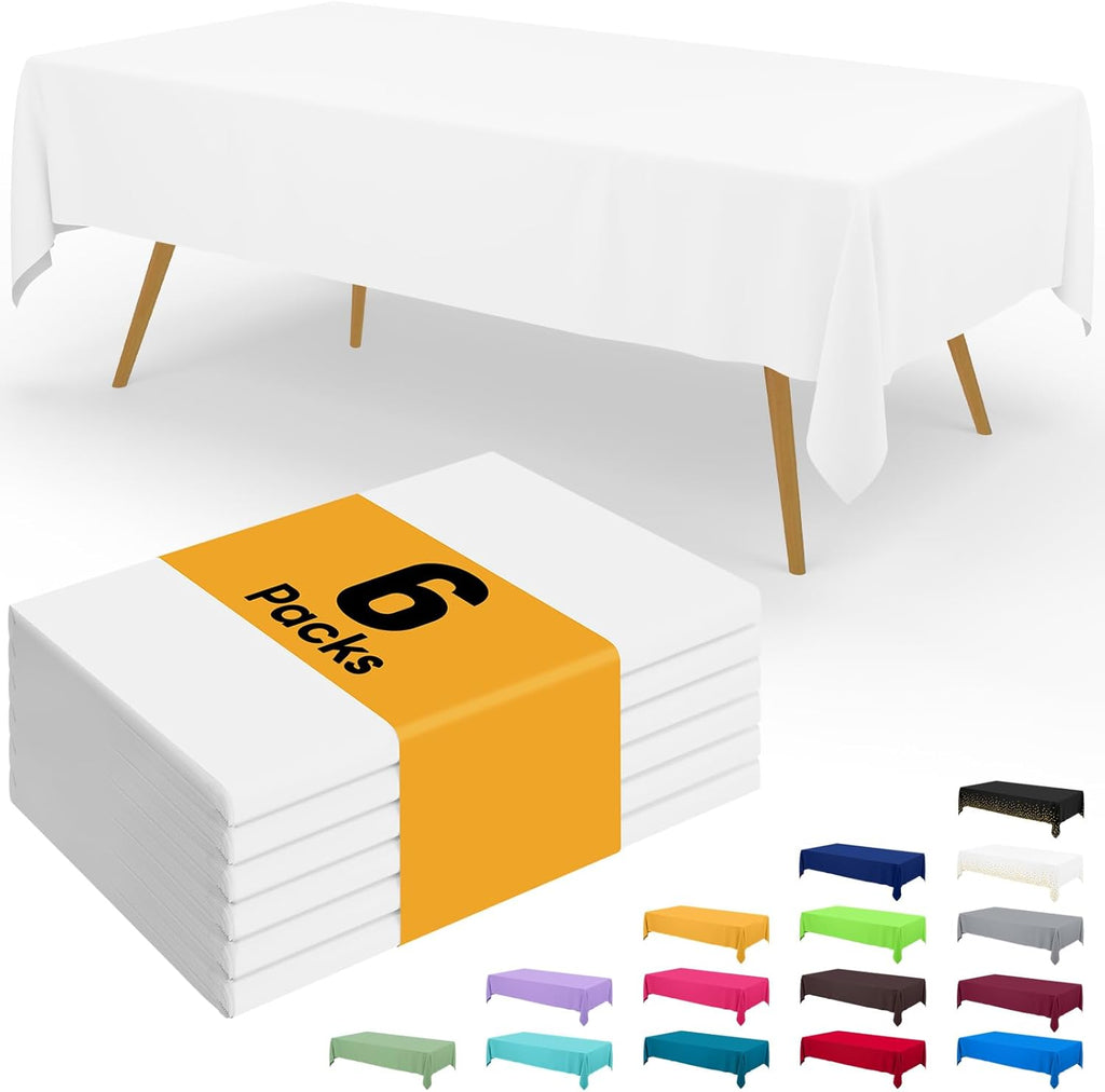 Smiry Disposable Table Cloth - 6 Pack, 54 x 108 Inch Waterproof Rectangle Tablecloths for Parties, Decorative Plastic Table Cover, Leakproof & Sturdy, White