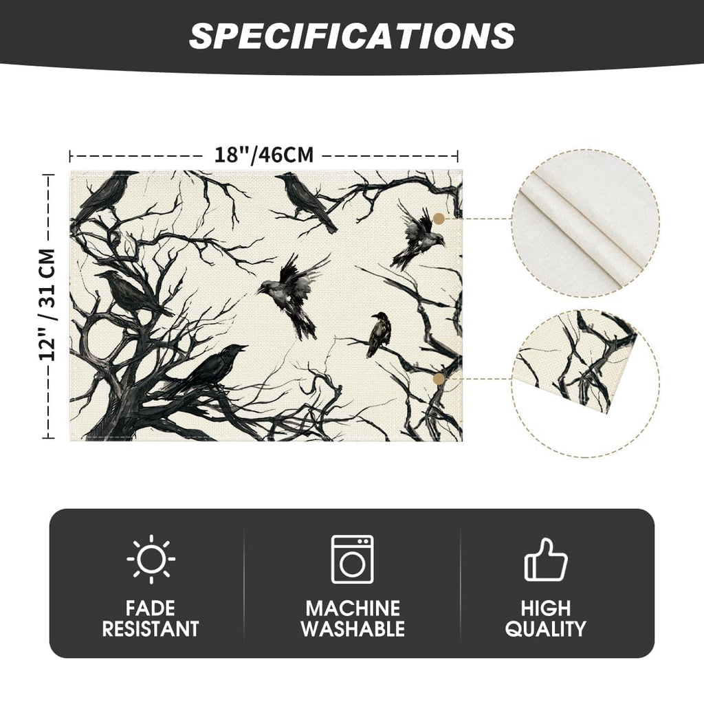 Artoid Mode Tree Crows Halloween Placemats Set of 4, 12x18 Inch Branches Fall Table Mats for Outdoor Home Party Kitchen Dining Decoration