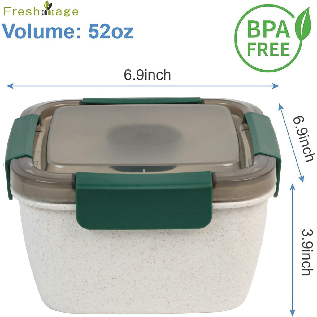 Freshmage Salad Lunch Container To Go, 52-oz Salad Bowls with 3 Compartments, Salad Dressings Container for Salad Toppings, Snacks, Men, Women (Blue)