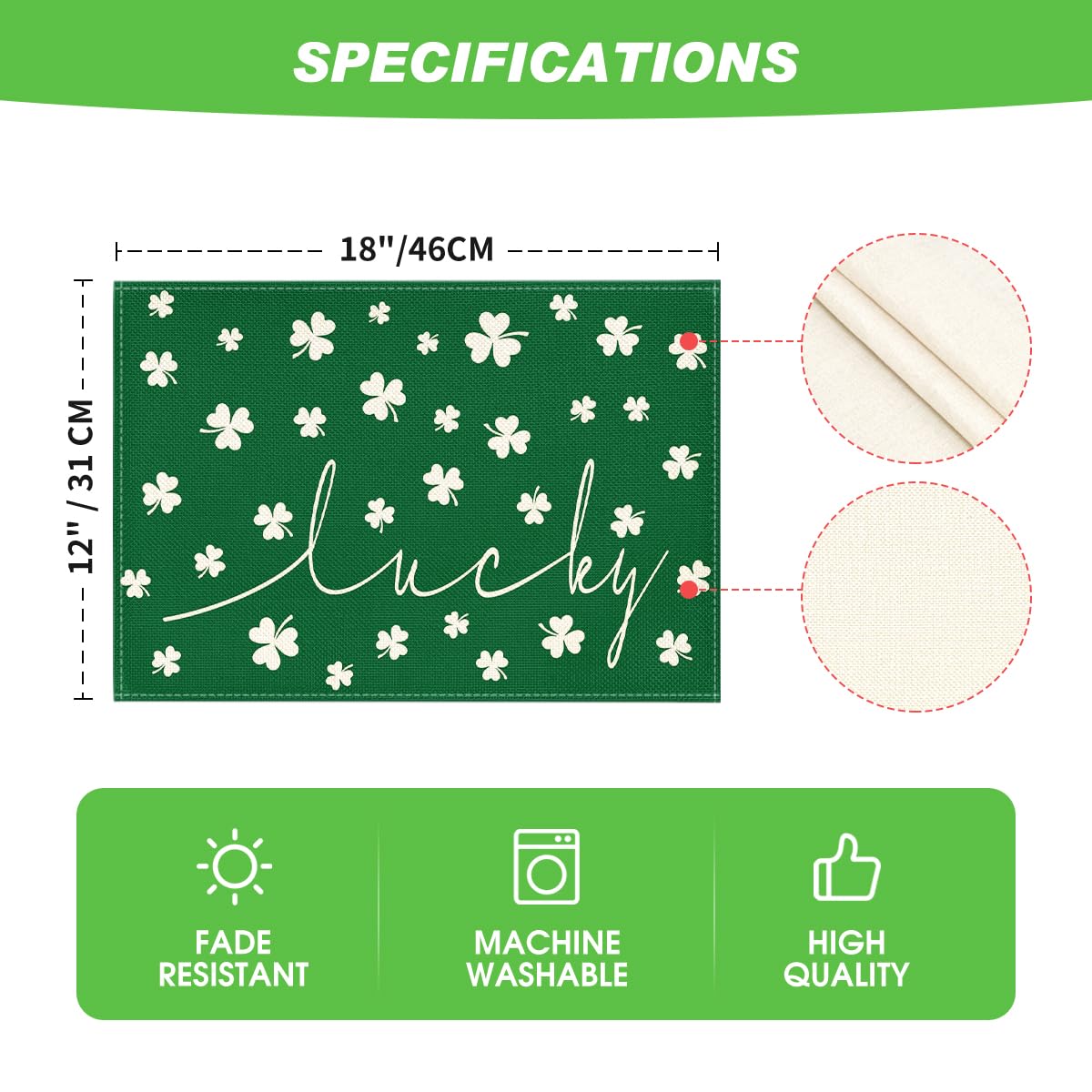 Artoid Mode Green Lucky Shamrock St. Patrick's Day Placemats Set of 4, 12x18 Inch Seasonal Spring Table Mats for Party Kitchen Dining Decoration