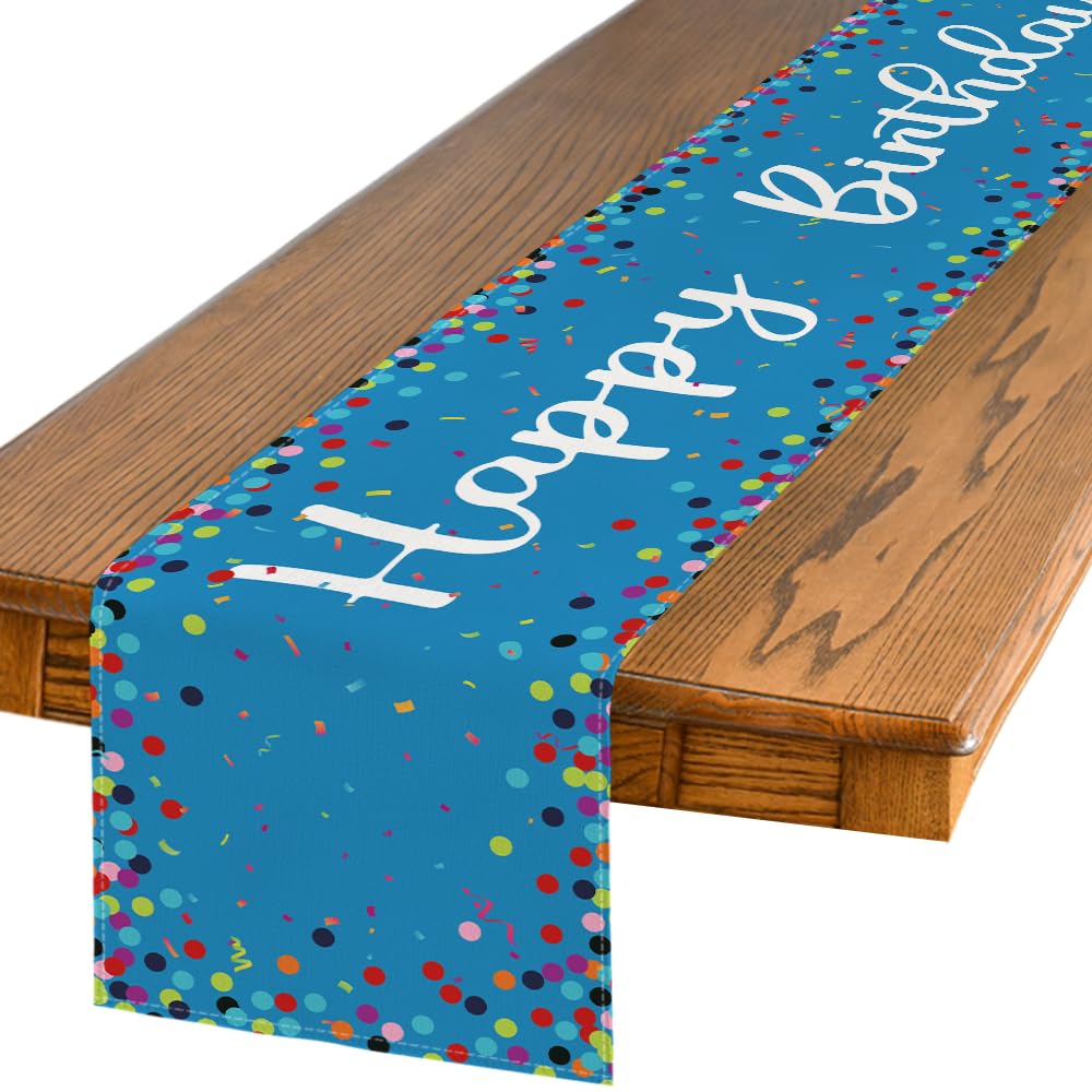 Artoid Mode Polka Dot Beige Happy Birthday Table Runner, Seasonal Kitchen Dining Table Decoration for Home Party Decor 13x72 Inch