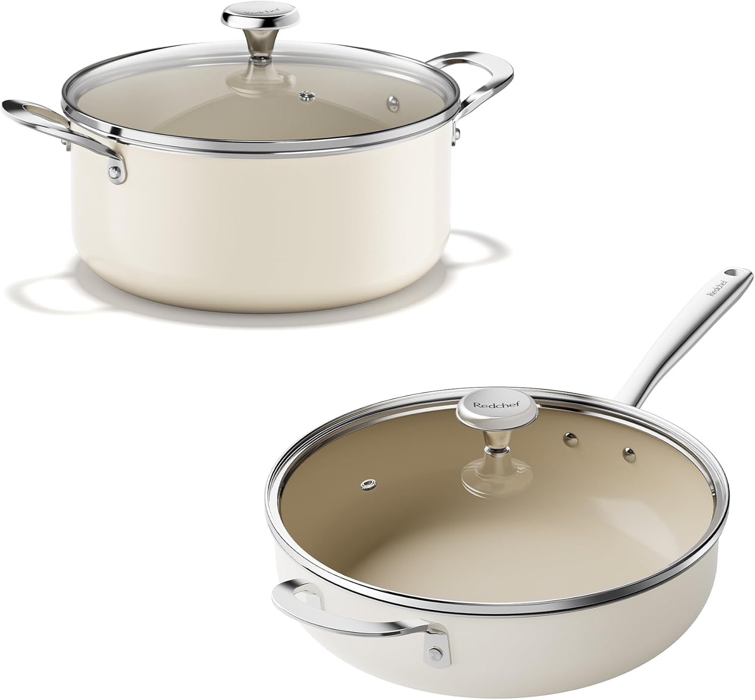 Redchef 5 QT Ceramic Stock Pot with Lid, 5QT Ceramic Saute Pan Stay-Cool Handles, Dishwasher & Oven Safe, PFAS PFOA & PTFE Free (Beige)