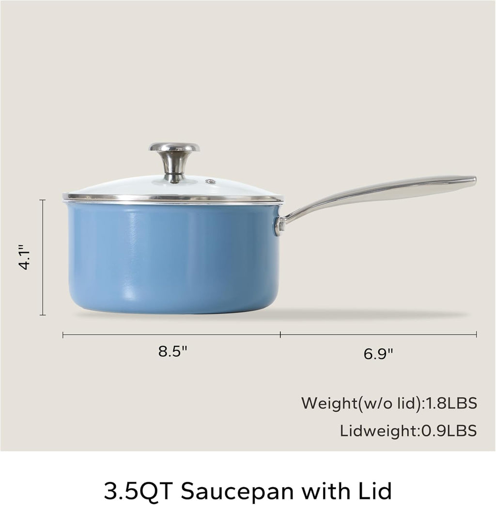 Redchef 5 QT Ceramic Stock Pot with Lid, 3.5QT Small Saucepan, Stay-Cool Handles, Compatible All Stovetops, PFAS PFOA & PTFE Free (Blue)