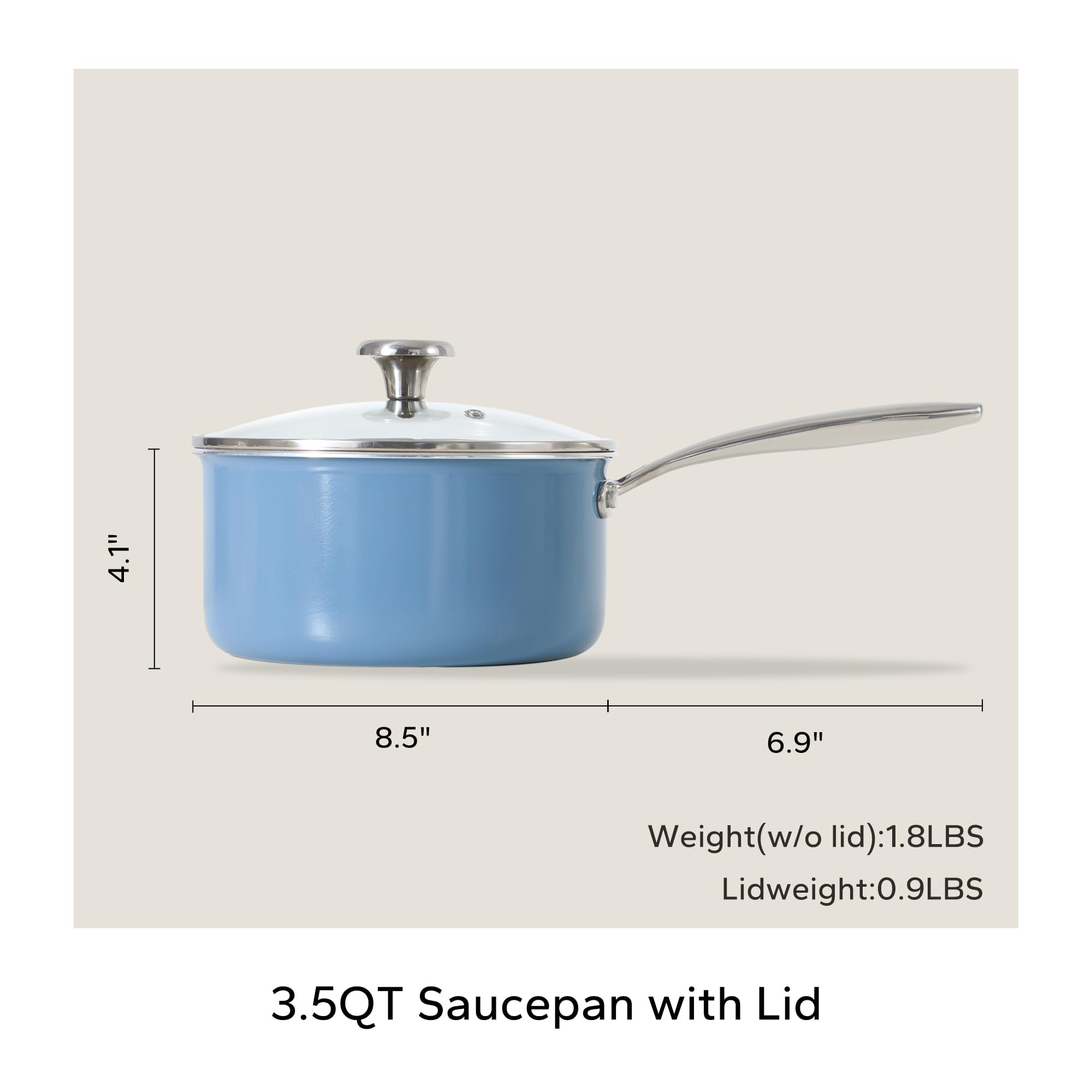 Redchef Nonstick Ceramic Sauce Pan with Lid, 2.5QT Small Cooking Pot with Stay-Cool Handle, Kitchen Non Toxic Soup Pot, PTFE & PFOA Free, Oven & Dishwasher Safe, Compatible with All Stovetops-Blue
