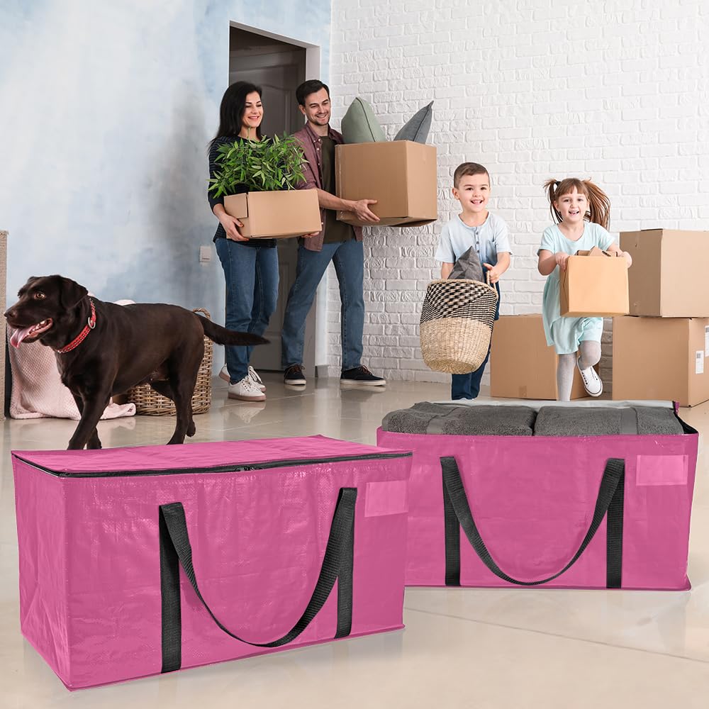 ClearSpace Heavy Duty Moving Bags or Storage Bags – Pink Storage Bins with Lids, Large Moving Boxes with Backpack Straps & Zippers,– Packing Box & Moving Supplies for College Dorm, 4 Pack