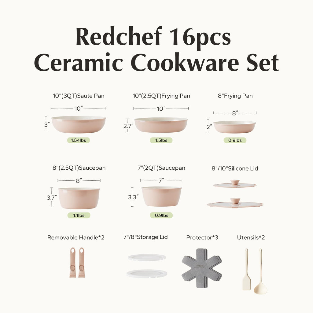 Redchef Ceramic Pots and Pans Set, Nonstick Kitchen Cookware Set with Detachable Handle, Non Toxic Cookware Set 16pcs, PFAS PFOA & PTFE Free, RV Ceramic Cookware for Camping, Dishwasher/Oven Safe