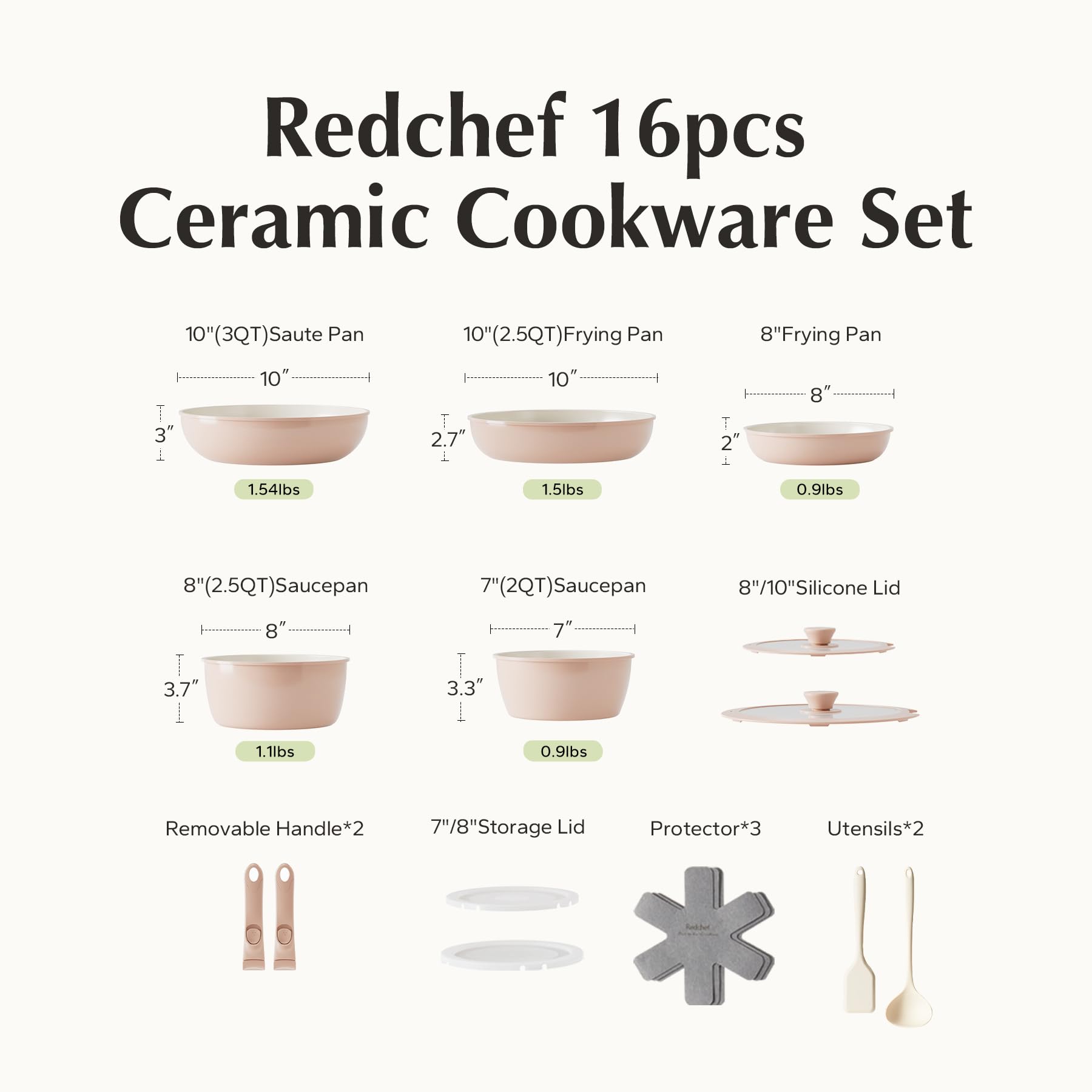 Redchef Ceramic Pots and Pans Set, Nonstick Kitchen Cookware Set with Detachable Handle, Non Toxic Cookware Set 16pcs, PFAS PFOA & PTFE Free, RV Ceramic Cookware for Camping, Dishwasher/Oven Safe