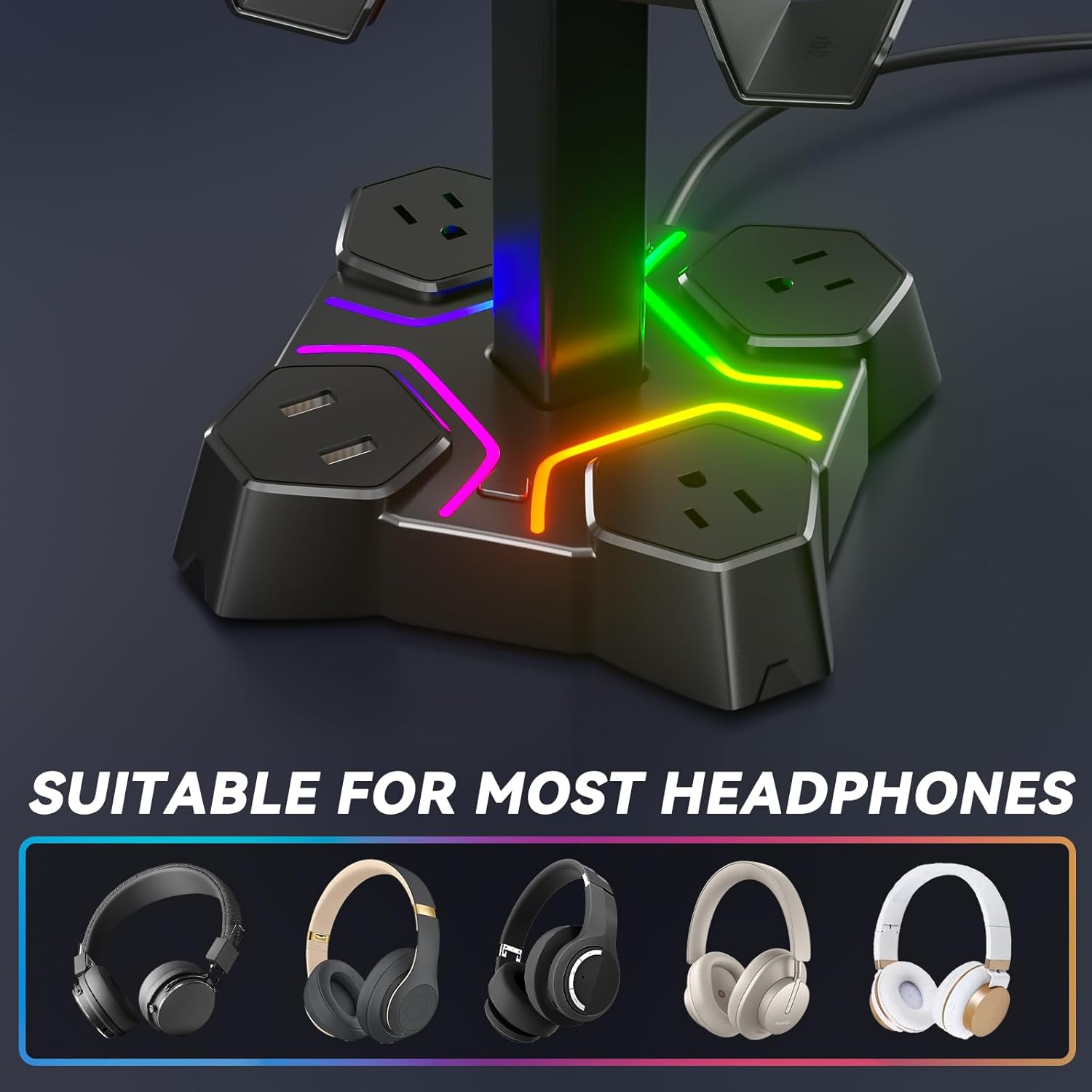 KDD Gaming RGB Headphones Stand & RGB Headphone Stand with USB Charger - Rotatable Headset Stand with 9 Light Modes - Headphone Holder with 2 USB Charging Ports and 3 AC Outlets