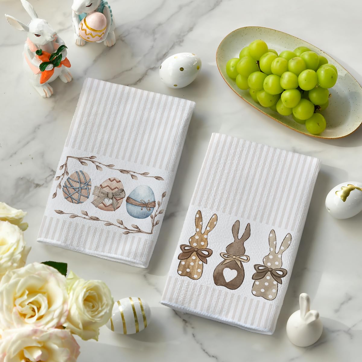 Artoid Mode Stripe Rabbit Bunny Eggs Easter Kitchen Towels Dish Towels, 18x26 Inch Spring Decoration Hand Towels Set of 2