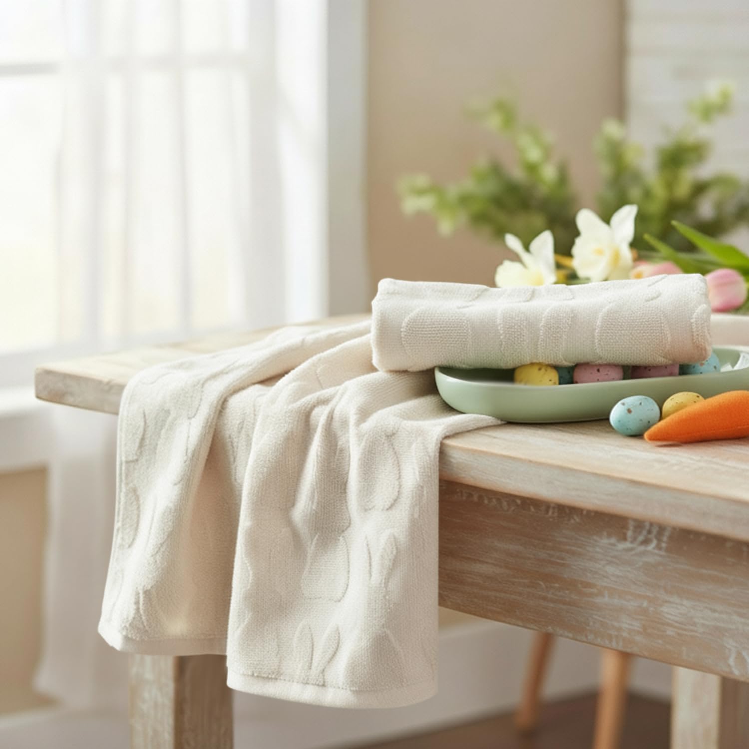 Artoid Mode 2 Pcs Beige 3D Rabbit Jacquard Easter Hand Towels for Bathroom, 100% Cotton Soft Absorbent Bathroom Decor Towels, 13.7 x 29.5 Inch