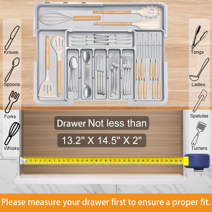 Homecor Silverware Organizer - Expandable Large Kitchen Drawer Organizer Utensil Organizer with 2 Removable Knife Blocks, 22"x 19"Cutlery Tray Drawer Dividers for Kitchen Flatware(6-9 Slots) (Black)